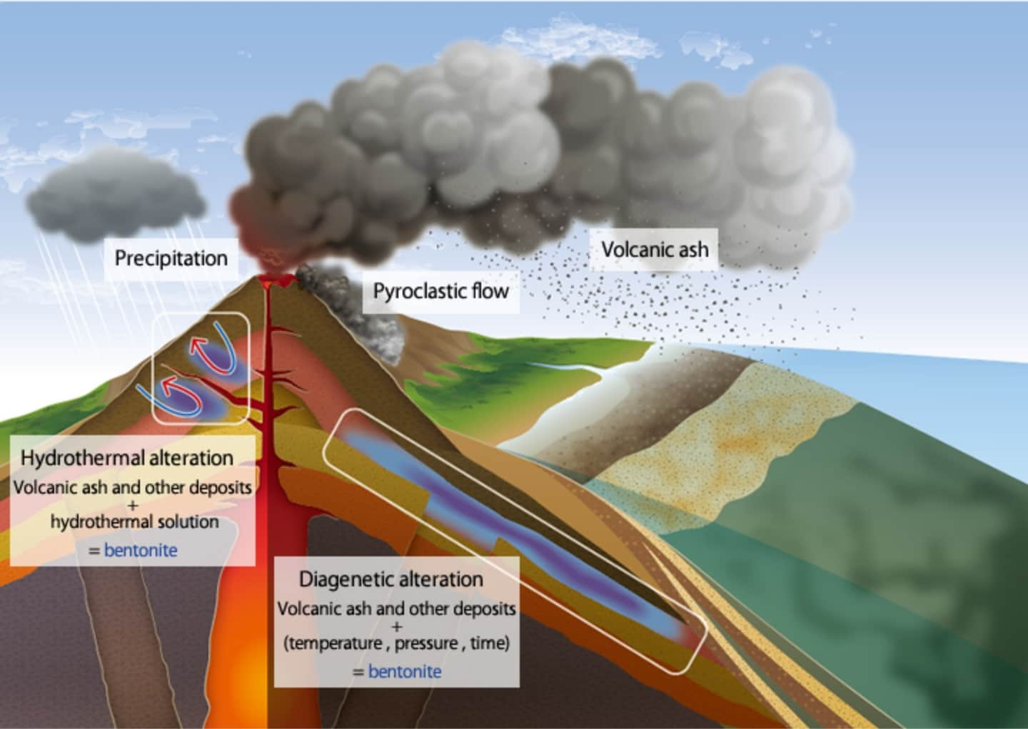 Schematic diagram of formation of bentonite deposits